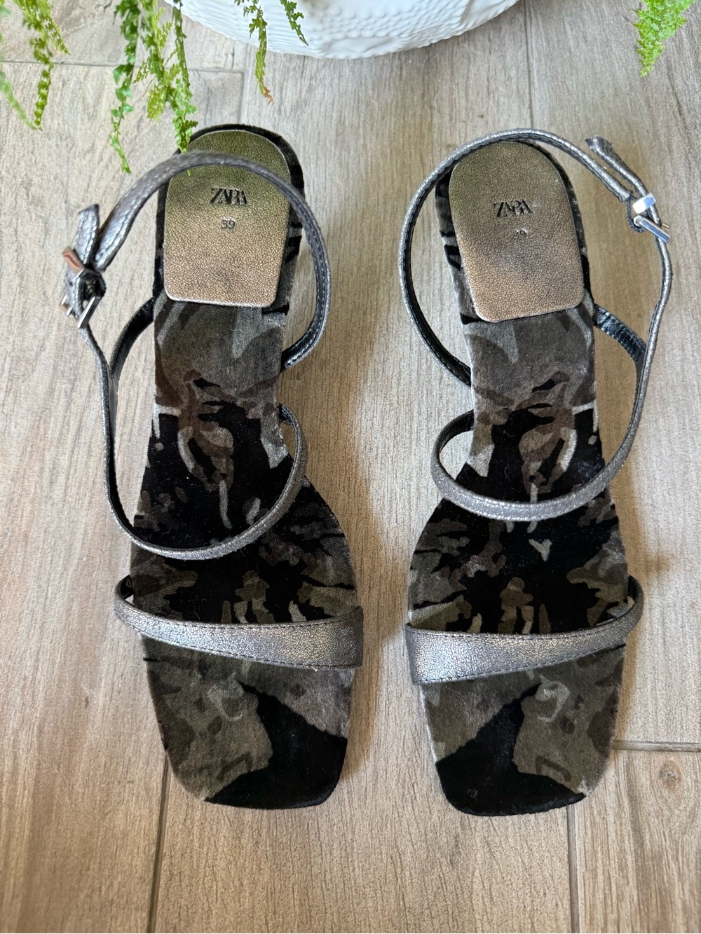 Zara Metallic Silver Strappy Heels with Velvet Camouflage Sandals Like New